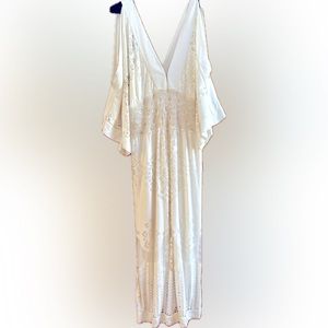 Farm Rio Solana Cutout Cold Shoulder Ivory Midi Dress Boho Anthropologie XL